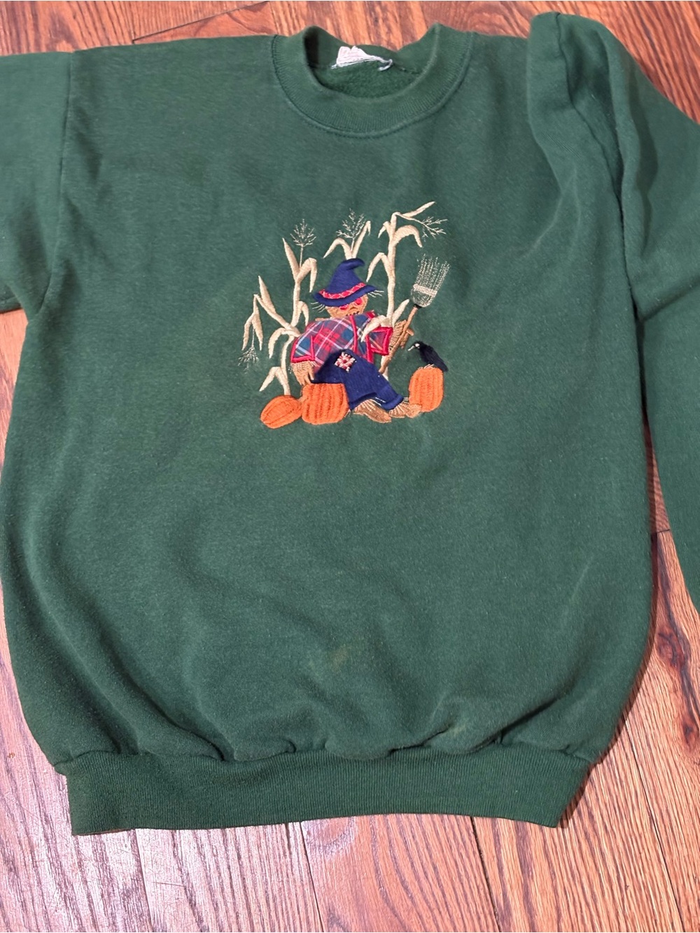 Women's Forest Green Crewneck Sweater with Autumn Scarecrow Embroidery